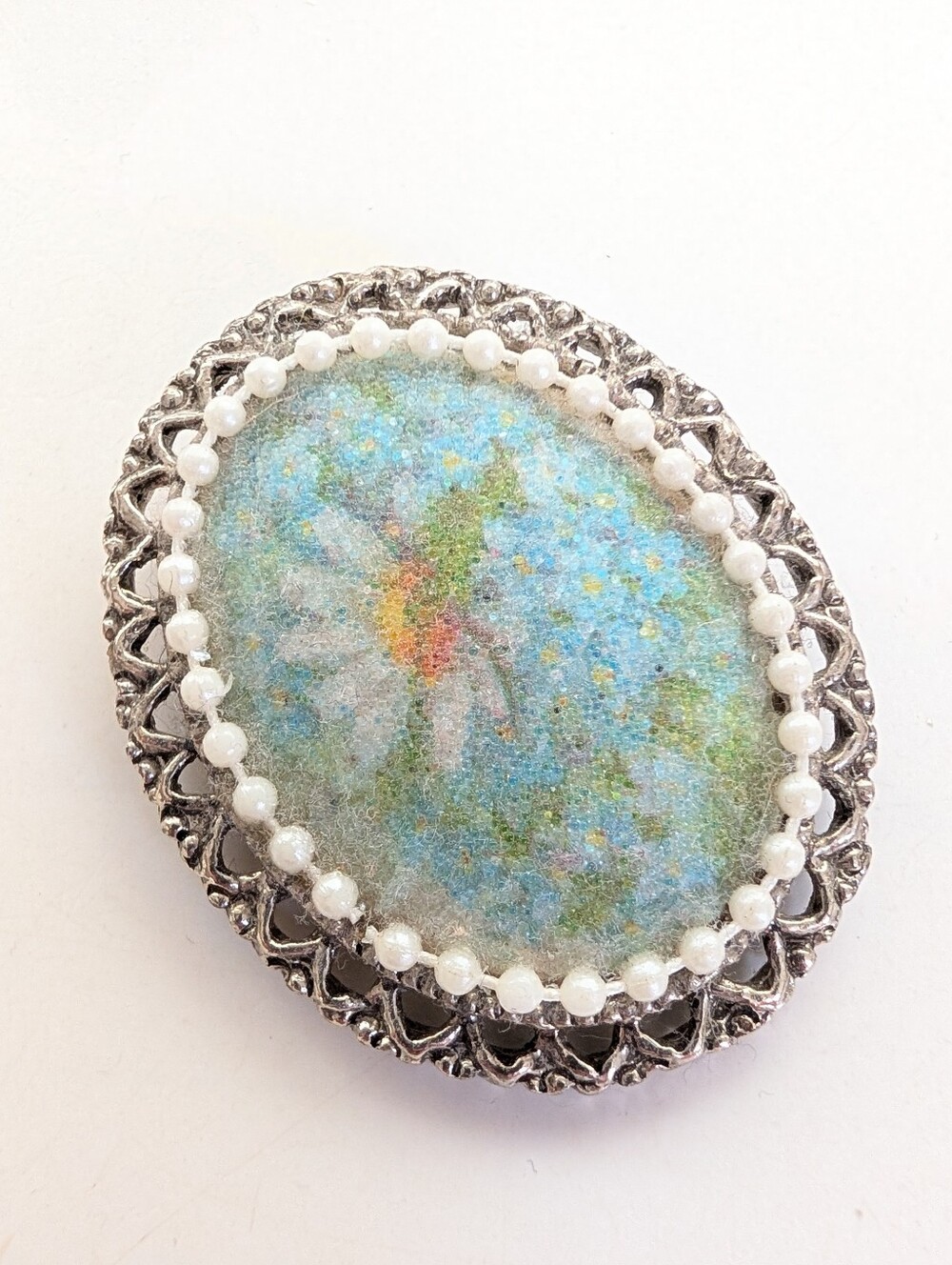 Vintage Silver Tone Faux Pearl Cottagecore Sugared Floral Flower Pendant Brooch
